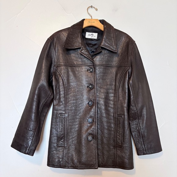 Scully Jackets & Blazers - Y2K 90s Scully Leather Jacket Women Size 6 Brown Textured Button Front‎ Blazer